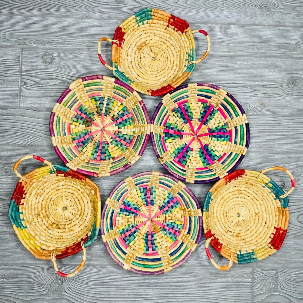 Vintage pastel woven baskets 6 , 3 w/ handles 3 without decoration accents boho